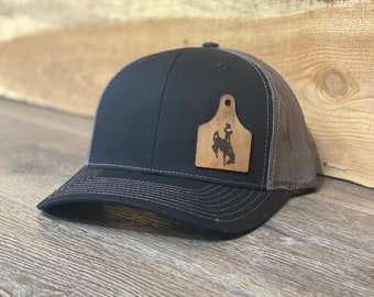 Wyoming Cowboy Leather Cow Tag Patch Snapback Hat