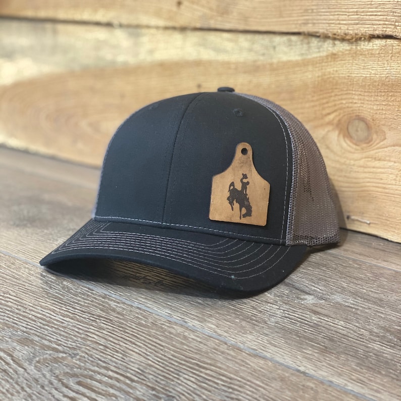 Wyoming Cowboy Leather Cow Tag Patch Snapback Hat Etsy