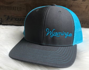 Charcoal and Neon Blue Wyoming Snapback Hat – Wyoming Buffalo Hat Blue