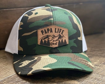 Mountain Papa Life Leather Patch Snapback Hat, Father's Day Gift, Grandpa Hat - Camouflage
