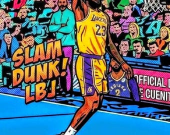 LeBron James Lakers Pop Art Slam Dunk Basketball Poster (8.5x11) Glossy Wall Print