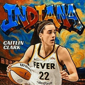 Op de afbeelding: Een basketbalruilkaart met Caitlin Clark in een wit Indiana Fever-shirt met nummer 22, terwijl een Wilson-basketbal wordt vastgehouden. De achtergrond toont het woord INDIANA in grote blauwe en gouden letters met een abstract ontwerp.