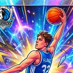 May include: A digital illustration of a basketball player in a blue jersey with the number 32 and the name FLABBE, reaching up to dunk an orange basketball. The Dallas Mavericks logo is in the top left corner against a vibrant, neon-colored background.