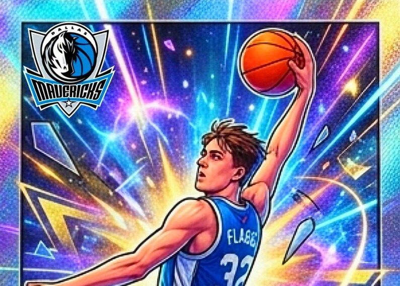 May include: A digital illustration of a basketball player in a blue jersey with the number 32 and the name FLABBE, reaching up to dunk an orange basketball. The Dallas Mavericks logo is in the top left corner against a vibrant, neon-colored background.