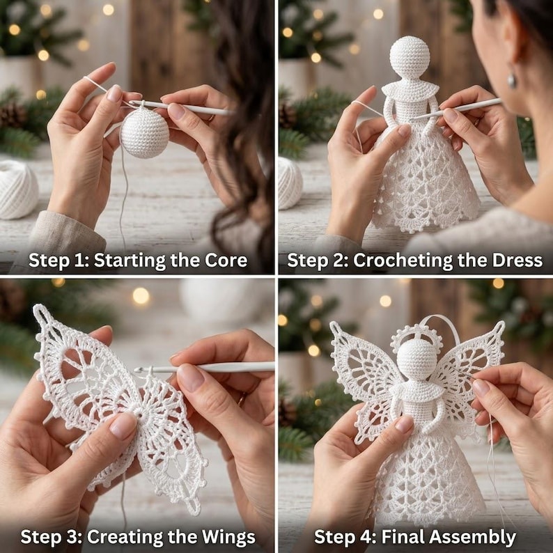 May include: A four-part tutorial showing the creation of a white crocheted angel ornament. Step 1: Starting the Core shows a spherical base. Step 2: Crocheting the Dress shows the skirt. Step 3: Creating the Wings. Step 4: Final Assembly of the angel.