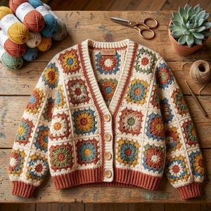 May include: A long-sleeve crochet cardigan made of cream-colored yarn with a multi-colored granny square pattern in shades of rust, mustard yellow, blue, and sage green. The garment features a V-neckline, four wooden buttons, and ribbed cuffs.