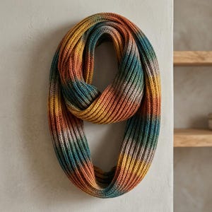 May include: A ribbed infinity scarf featuring a variegated color pattern that transitions through shades of mustard yellow, burnt orange, teal, and muted green. The knit fabric has a consistent vertical texture throughout the entire circular loop.