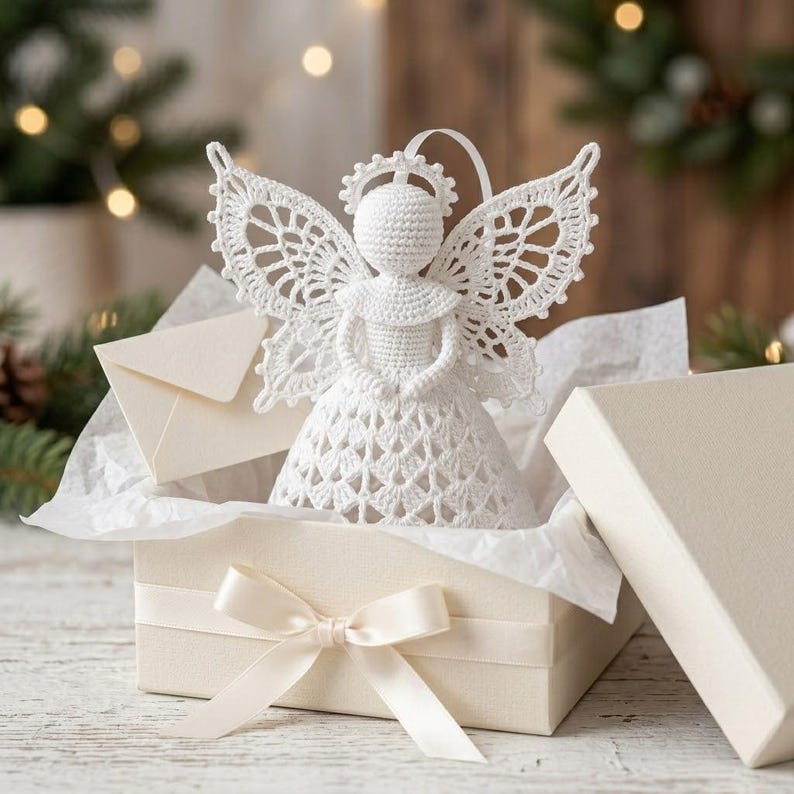May include: A white crocheted angel figurine with intricate lace-like wings and a halo, positioned inside an open cream-colored gift box with a satin ribbon bow. A small matching envelope rests beside the angel within the tissue-lined box.