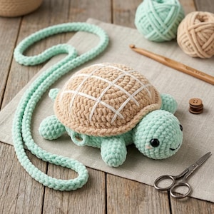May include: A crocheted turtle-shaped bag in mint green and beige yarn. The shell features a white grid pattern, and the bag includes a long, braided mint green strap. The turtle has black safety eyes and a small embroidered smile.