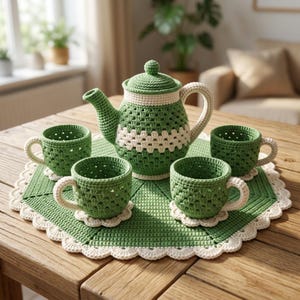 Peut inclure: Un service à thé au crochet comprenant une théière verte et crème avec couvercle assorti, trois tasses vertes et crème, et un napperon circulaire festonné vert et crème. Les objets présentent un motif texturé et des anses couleur crème.