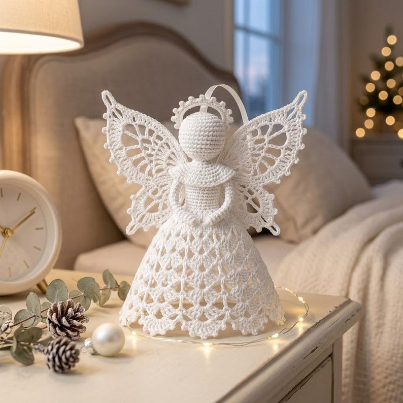 May include: A white crocheted angel figurine featuring a detailed lace-like skirt and wings, a round head with a halo, and a small collar. The figure is crafted from white yarn with intricate openwork patterns throughout the body and wings.