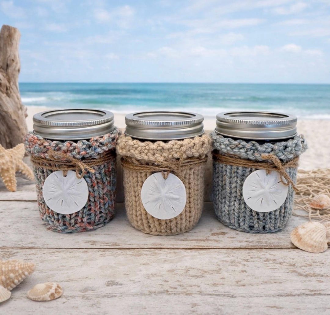 Coastal Mason Jar Cozy | Hand Knit Jelly/quart Jar Cover | Beach Cottage Decor