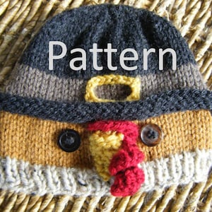 May include: A knitted hat shaped like a turkey with a black, brown, and gray hat, a red wattle, and a yellow beak. The hat has a brown button for an eye and the word "Pattern" is written on the hat.