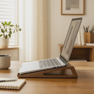 Può includere: Un computer portatile argentato poggiato su un supporto in legno marrone scuro con un design a taglio triangolare. Il portatile è aperto, mostra uno schermo con testo e grafiche visibili, posizionato su una scrivania in legno vicino a un taccuino e una penna.