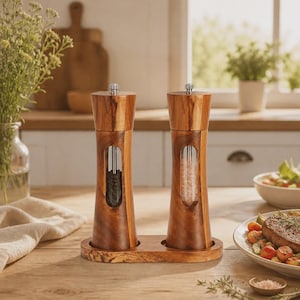 Wood Salt Pepper Grinder Set, Adjustable Ceramic Mill, Manual Kitchen Spice Tool