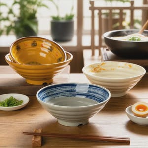 Peut inclure: Un ensemble de bols en céramique comprenant un bol jaune avec des motifs intérieurs, un bol blanc avec des accents orange et un bol avec des coups de pinceau bleus horizontaux. Un petit plat avec garniture verte, un œuf mollet et des baguettes.