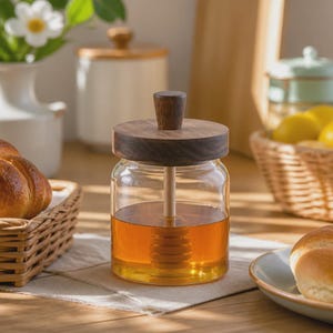 Glass Honey Jar with Wood Dipper Lid, Syrup Dispenser, Kitchen Storage Container