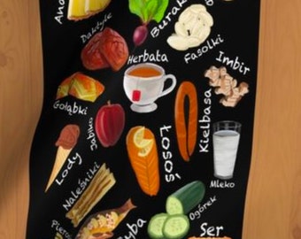 Op de afbeelding: Een zwart schoolbord met de witte inscriptie "Polska Żywność" (Pools Eten) en illustraties van verschillende Poolse voedingsmiddelen, waaronder brood, kielbasa, vis en fruit.