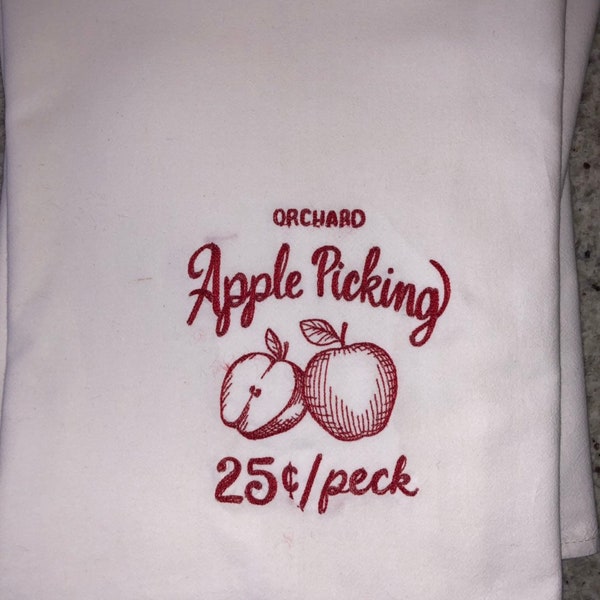 Large Organic Cotton 30 x 30 Flour Sack Dish Towel "Apple Picking" Embroidered -You Choose Color