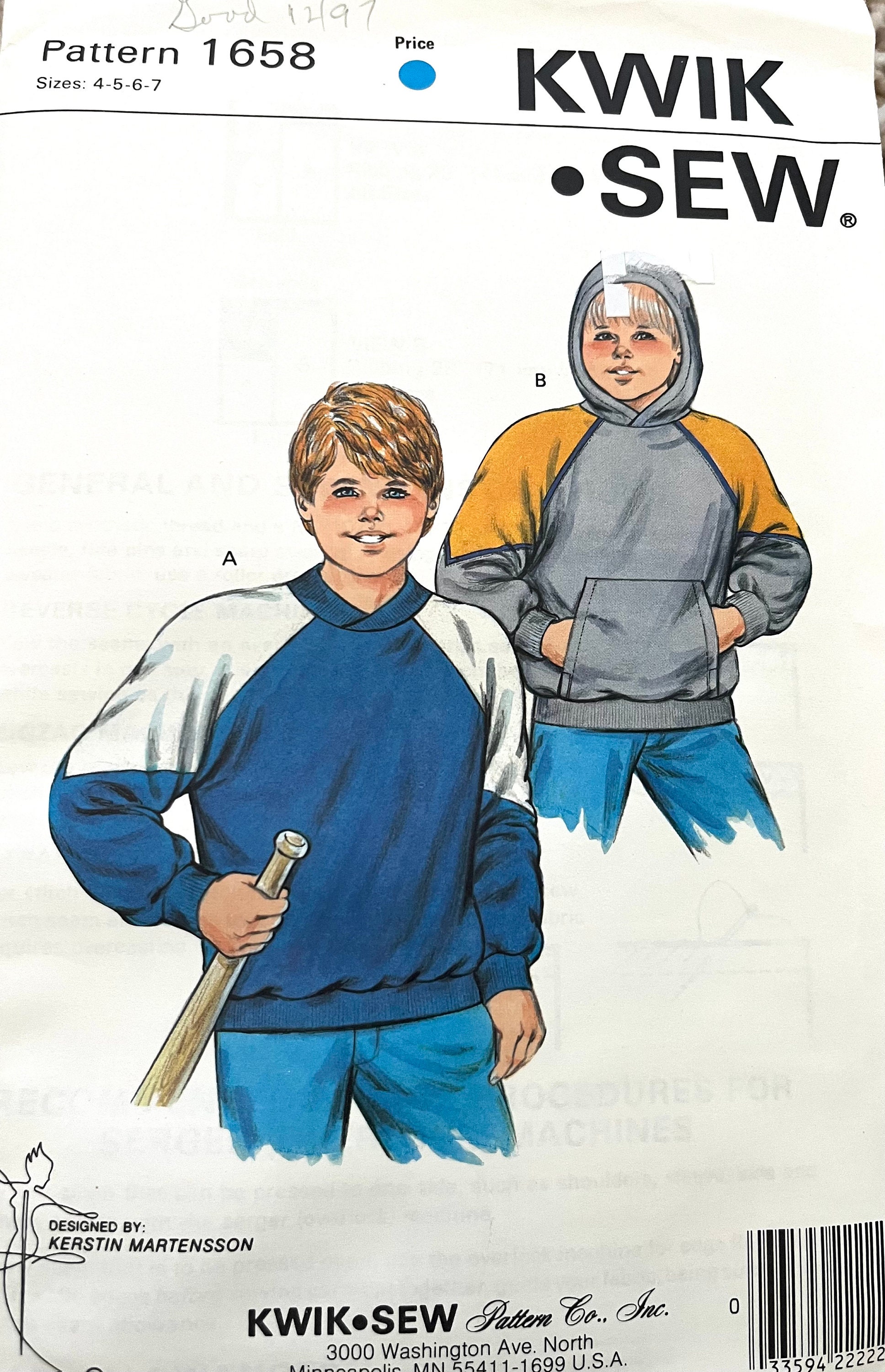 Kwik Sew New Uncut Pattern #1658 Kids Hoodie and Sweatshirt Size 4 5 6 ...