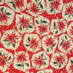 Retro Holiday Poinsettia Christmas Mid Century Vintage Look Linen/Cotton  Table Runner