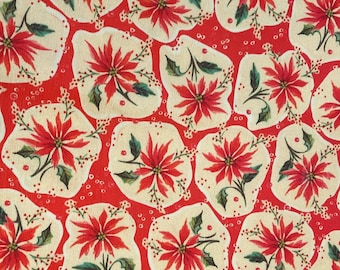 Retro Holiday Poinsettia Christmas Mid Century Vintage Look Linen/Cotton  Table Runner