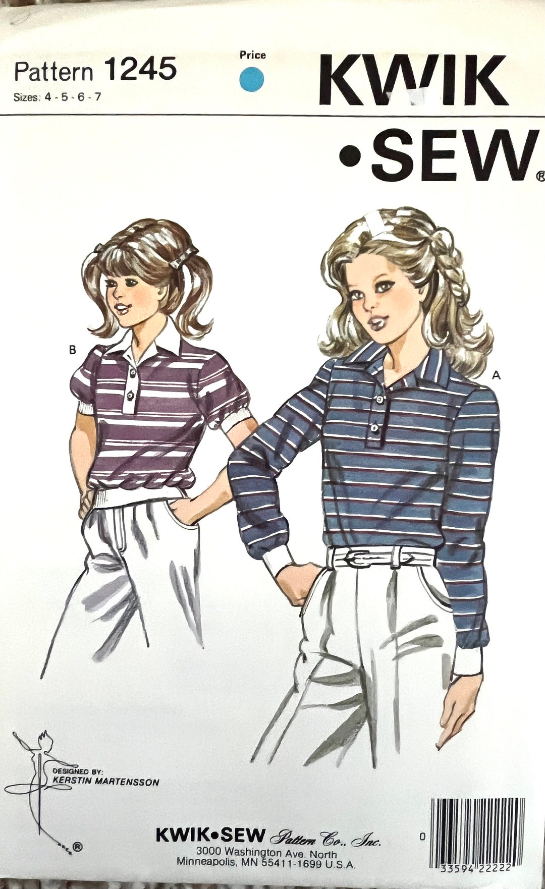 Kwik Sew New Uncut Pattern #1245 Girl's Polo Shirts Size 4 5 6 7