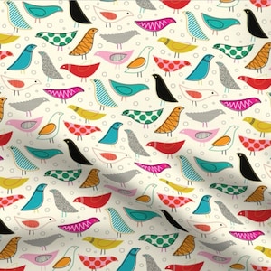 May include: A repeating pattern of colorful, stylized birds on a cream background. The birds feature various designs, including stripes, polka dots, and solid colors like teal, orange, and pink. The design is reminiscent of mid-century modern art.