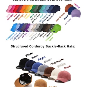 a variety of unstructured and structured corduroy buckle-back hats in different colors and styles, including new designs.
