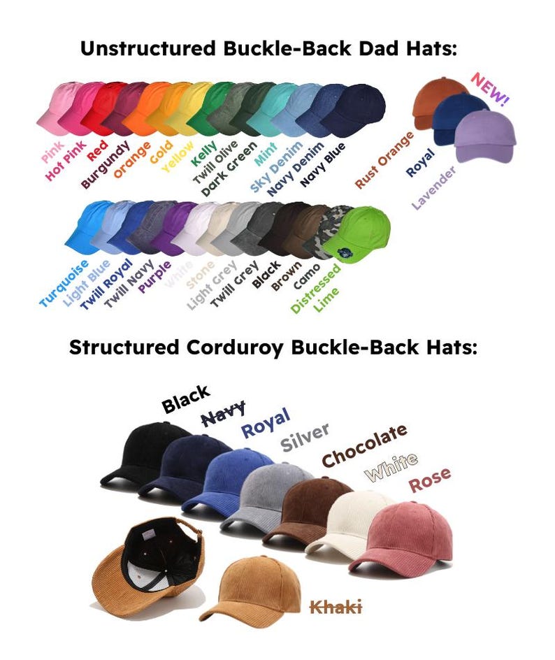 a variety of unstructured and structured corduroy buckle-back hats in different colors and styles, including new designs.