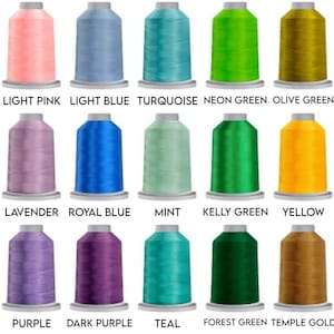 a collection of 24 embroidery thread spools in various colors, including white, pink, blue, turquoise, neon green, olive green, coral, red, grey, hot pink, lavender, royal blue, mint, kelly green, yellow, safety orange, sand, black, neon pink, purple, teal, forest green, temple gold, and brown.