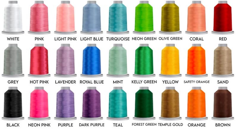 a collection of 24 embroidery thread spools in various colors, including white, pink, blue, turquoise, neon green, olive green, coral, red, grey, hot pink, lavender, royal blue, mint, kelly green, yellow, safety orange, sand, black, neon pink, purple, teal, forest green, temple gold, and brown.