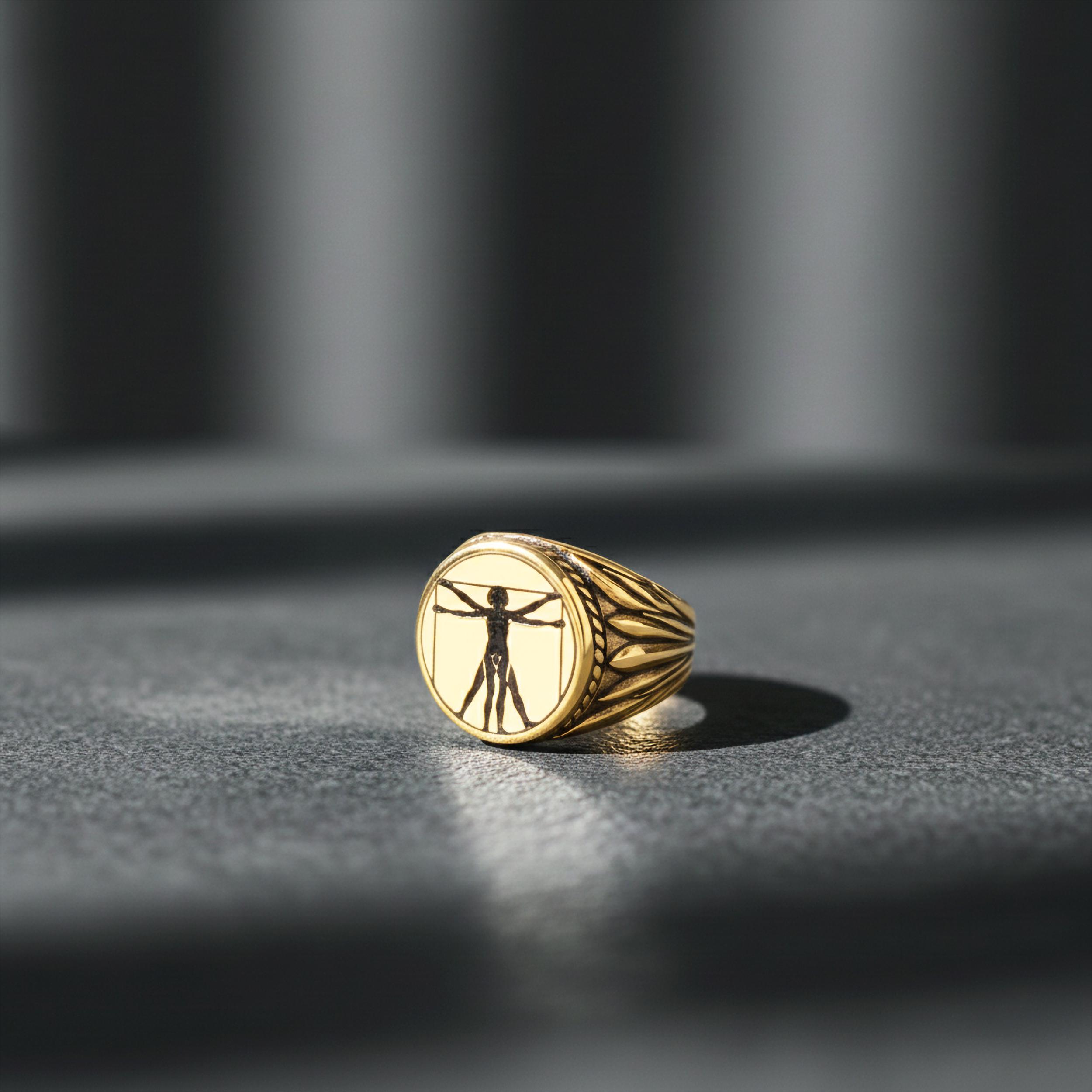 Gold Vitruvian Man Ring, Da Vinci Signet Ring, Black Enamel Jewelry,…