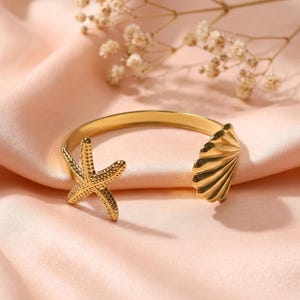 Gold Starfish Seashell Cuff Bracelet, Coastal Ocean Jewelry, Beach Gift, Summer Accessory, Mermaid Inspired