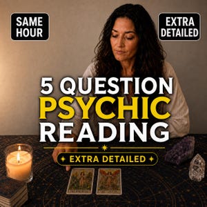 May include: A psychic reading service advertisement featuring the text 5 QUESTION PSYCHIC READING, SAME HOUR, and EXTRA DETAILED. The image displays two tarot cards, The Empress and The Lovers, on a dark patterned cloth with a lit candle and crystals.