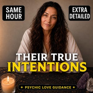 May include: A person with long dark hair wearing a white shirt behind a table with a lit candle and crystals. Text reads: SAME HOUR, EXTRA DETAILED, THEIR TRUE INTENTIONS, PSYCHIC LOVE GUIDANCE. The table has a dark cloth with gold celestial patterns.