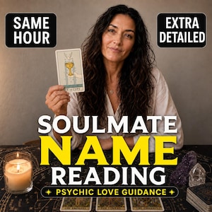 May include: A tarot card reading service featuring the Ace of Cups card, a lit candle, and crystals on a dark cloth. Text overlays read SAME HOUR, EXTRA DETAILED, SOULMATE NAME READING, and PSYCHIC LOVE GUIDANCE. The Empress, The Lovers, and The Chariot cards are visible.
