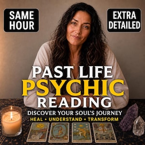 Puede incluir: Un anuncio de servicio de lectura psíquica con el texto SAME HOUR, EXTRA DETAILED, PAST LIFE PSYCHIC READING, DISCOVER YOUR SOUL'S JOURNEY, HEAL, UNDERSTAND, TRANSFORM. Se muestran cuatro cartas del tarot: The Sun, The World, The Star y Judgement.