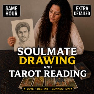 Puede incluir: Un servicio de dibujo de alma gemela y lectura de tarot, con un boceto a lápiz de un hombre, una baraja de cartas de tarot y el texto SAME HOUR, EXTRA DETAILED, SOULMATE DRAWING AND TAROT READING, LOVE, DESTINY, CONNECTION.