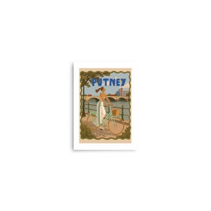 May include: A rectangular art print featuring a stylized illustration of a person riding a light green bicycle along a riverbank. The text PUTNEY is printed in blue at the top. The scene includes a bridge, trees, and a basket of flowers.