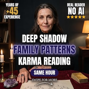 Op de afbeelding: Een persoon met lang donker haar en een zwarte coltrui zit aan een tafel met een rood kleed. De tekst luidt: YEARS OF +45 EXPERIENCE, REAL READER NO AI, DEEP SHADOW FAMILY PATTERNS KARMA READING, SAME HOUR, SWIPE FOR MORE. Kaarsen, een amethist en kaarten zijn aanwezig.