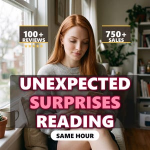May include: A person with long red hair wearing a grey knit sweater. Text overlays include 100+ REVIEWS, 750+ SALES, UNEXPECTED SURPRISES READING, and SAME HOUR. The person is positioned near a window with a blurred indoor background.