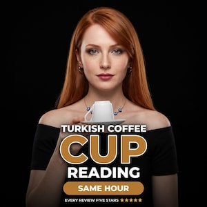 May include: A white ceramic coffee cup placed upside down on a matching saucer. The text reads TURKISH COFFEE CUP READING SAME HOUR EVERY REVIEW FIVE STARS with five gold stars. The background is black.