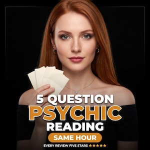 May include: A person with long red hair wearing a black off-the-shoulder top and a small necklace. The text reads 5 QUESTION PSYCHIC READING SAME HOUR EVERY REVIEW FIVE STARS with five gold stars. The person holds five small white rectangular cards.