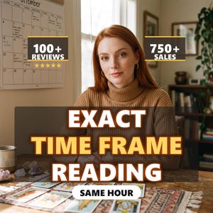 May include: A person with long red hair wearing a tan turtleneck sweater sits behind a wooden table covered in tarot cards. Text overlays read 100+ REVIEWS, 750+ SALES, EXACT TIME FRAME READING, and SAME HOUR. A calendar hangs on the wall.