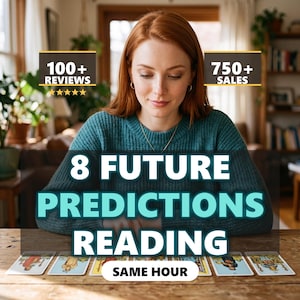 May include: A person with auburn hair wearing a teal sweater sits at a wooden table with eight tarot cards laid out. Text overlays read 100+ REVIEWS, 750+ SALES, 8 FUTURE PREDICTIONS READING, and SAME HOUR. The scene is indoors with plants.