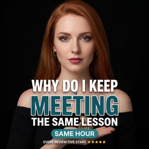 Pode incluir: Uma pessoa com longos cabelos ruivos veste um top preto de ombros caídos e um colar com pingente de olho azul. O texto diz: WHY DO I KEEP MEETING THE SAME LESSON SAME HOUR EVERY REVIEW FIVE STARS com cinco estrelas laranja.