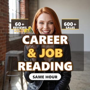 May include: A person with red hair wearing a black leather jacket holds a tarot card. Text overlays read 60+ REVIEWS, 600+ SALES, CAREER & JOB READING, and SAME HOUR. The person is smiling, and the background features a brick wall and a metal stool.