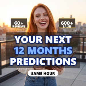 May include: A digital graphic featuring a smiling person with long red hair holding a book. Text overlays include 60+ REVIEWS, 600+ SALES, YOUR NEXT 12 MONTHS PREDICTIONS, and SAME HOUR. The background shows a blurred city skyline at sunset.