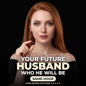 Puede incluir: Un anillo de oro sostenido frente a un fondo negro con el texto: YOUR FUTURE HUSBAND WHO HE WILL BE SAME HOUR EVERY REVIEW FIVE STARS. La imagen muestra a una persona con cabello largo y rojo que lleva un collar con un dije de ojo azul.